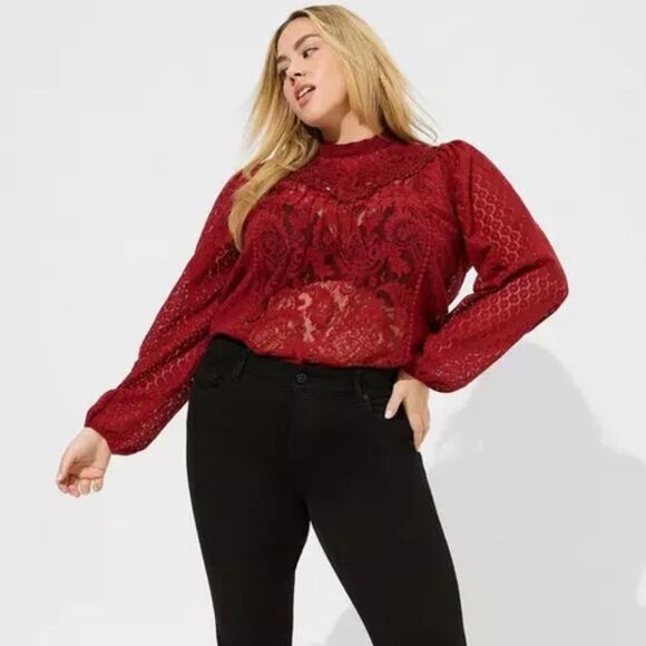 Torrid Mixed Lace High Neck Blouse Women’s 2 2XL Red Long Sleeves NEW - Picture 12 of 12